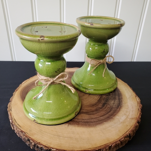 Green Distresses Candle Stick Holders 2 pc. Set - Picture 1 of 11